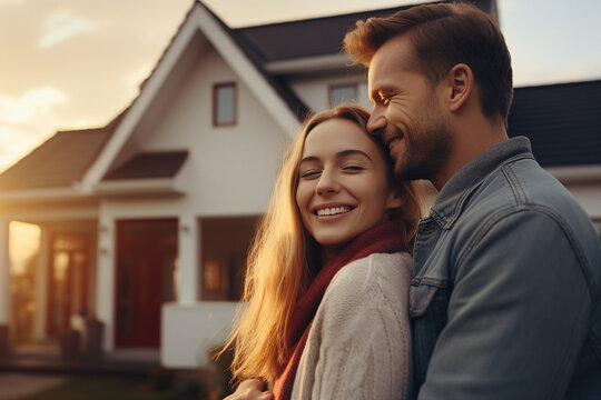 Generative AI portrait picture of two people couple in love happily smiling in front of new buy house