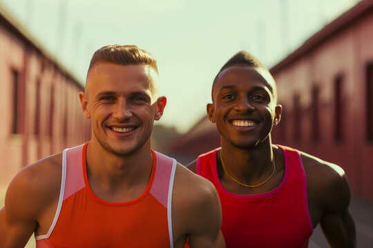 Generative AI portrait of happy young people running cross marathon jogging enjoying active lifestyle
