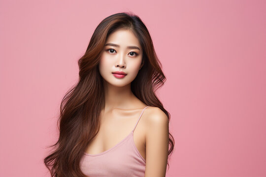 AI generated photo of an attractive beautiful young woman model with long healthy hair isolated on pink color background