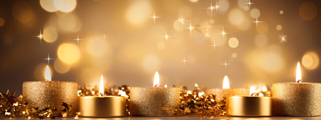 Christmass background with candles and golden bokeh, blank - obrazy, fototapety, plakaty