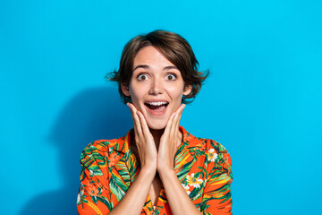 Photo of cheerful positive girl wear stylish clothes arms touching face rejoice wow special offer sale isolated on blue color background