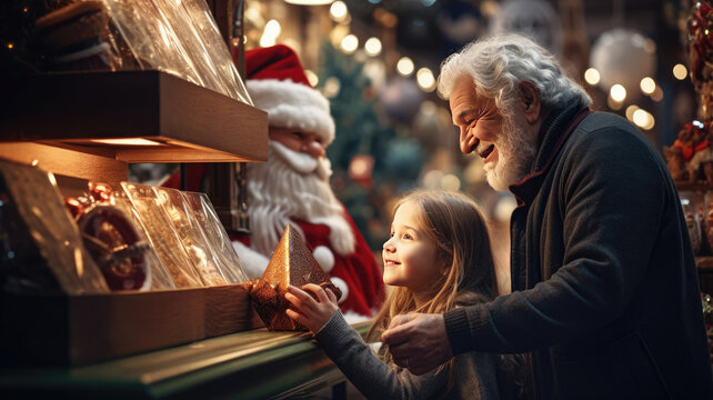 A pretty little girl chooses Christmas presents with her grandfather in a toy store.