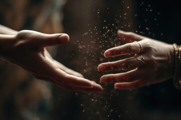 Two hands reach out to each other. Hands in motion towards on a black background. copyspace.  - obrazy, fototapety, plakaty