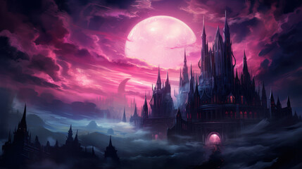 Gothic Cathedral's Flowing Pink-Purple Magic With Pastel Goth Style. Dark Mystical Castle. Goth Vampire Digital Painting Illustration Wallpaper. Generative AI