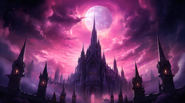 Dark Gothic Cathedral's Magic Energy Emanation With Pastel Goth Colors. Goth Vampire Digital Painting Illustration Wallpaper. Generative AI
