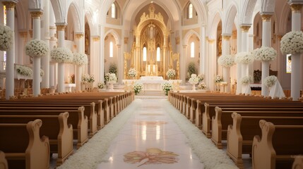 Interior of a church, decorated for a wedding ceremony