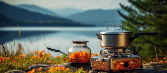 Hiking food is cooked using a camping stove with a wind screen