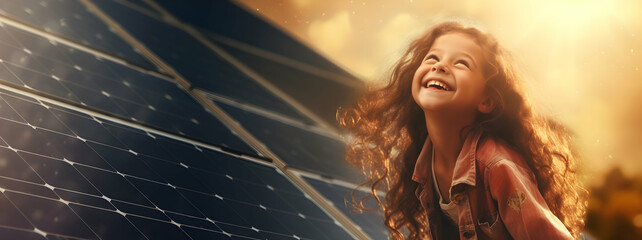 Happy girl on backdrop of a solar panel, alternative source of energy - obrazy, fototapety, plakaty