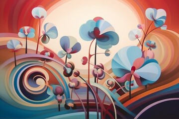 A charming and modern artwork featuring a unique arrangement of abstract floral elements. Generative AI