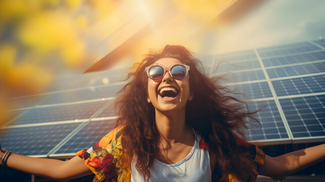 Happy girl on backdrop of a solar panel, alternative source of energy