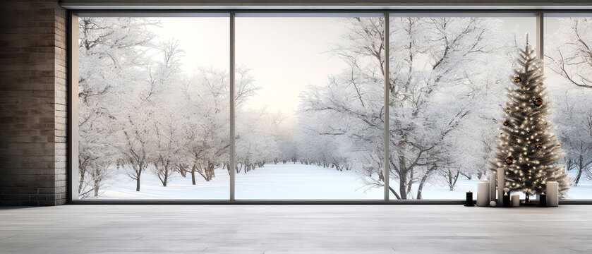 Spacious luxury apartment with panoramic windows. Gorgeous view on the snowy winter landscape. Interior design mockup with furniture, decoration.Modern cottage, villa. Generative ai.
