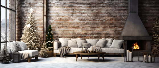 Loft interior design scene with copy space. Forniture with Christmas tree, lights, grland decoration. Modern cottage, villa, apartment. Contemporary mock up for holidays. Gorgeous New Year background.