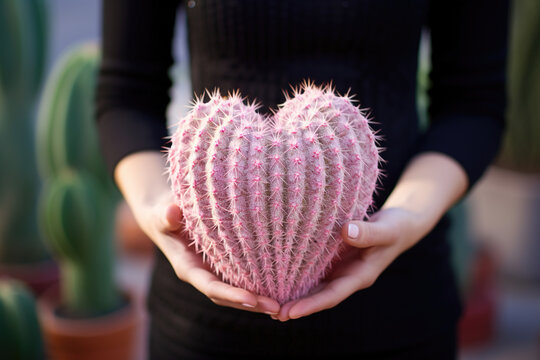 woman holding a pink cactus heart. concept of codependency and abusive or toxic relationships
