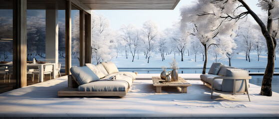 Winter, snowy patio of suburban house. Luxury exterior design scene.Villa  facade, backyard terrace, with couches and lounge chairs. Vacation, wellness, resort, hotel, penthouse.Generative ai