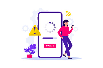 System update. System software update concept. Update process. Install new software, operating system. Technical error and service. Vector illustration