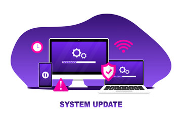 System update. System software update concept. Update process. Install new software, operating system. Technical error and service. Vector illustration
