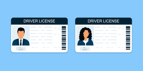 ID card. Identification document with person photo. Flat plastic identity document icon. Driver's license. Driver license plastic card template. Vector illustration - obrazy, fototapety, plakaty