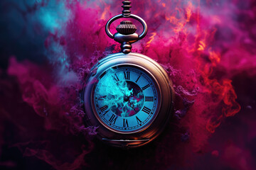 antique pocket watch in pink and blue fog, the concept of a deadline and time running out - obrazy, fototapety, plakaty