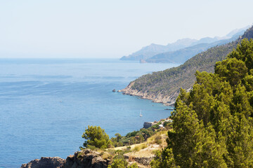 Fototapeta premium West coast and Tramuntana mountain range, Banyalbufar, Mallorca island, Spain