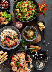 Assortment of asian traditional dishes. Asian food.
