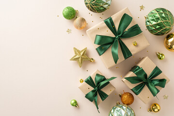 Santa's surprise top view: Craft paper presents, shimmering tree ornaments, green, orange, and gold...