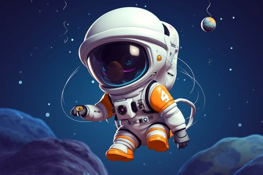 Cartoon astronaut floats alongside a UFO balloon in a cute icon