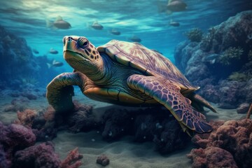 Naklejka na ściany i meble Sea turtle crawling on rocky sandy bottom. Generative AI