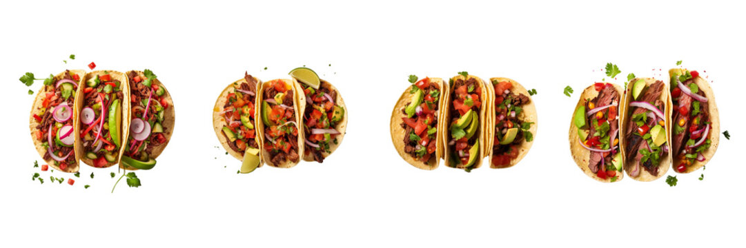 Set of Tacos with beef, tomatoes, avocado, chilli and onions isolated top view on transparent or white background