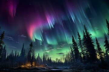 Fototapeta na wymiar Enchanting transformation Northern Lights paint the sky in purple and green