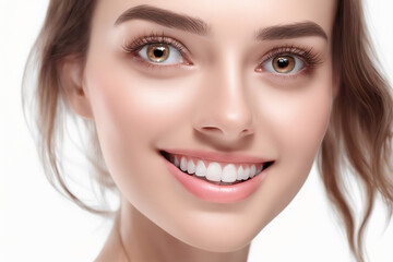 close up photo portrait of beautiful young model woman smiling with clean teeth. used for dental advertising or comics. isolated on white background. Generative AI
