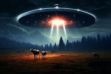 Extraterrestrial scene UFO and cow in surreal astral wallpaper composition