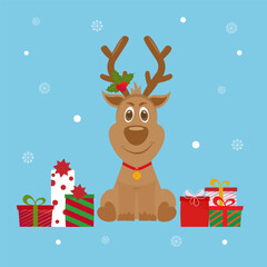 Christmas illustration with cute smiling reindeer and holiday symbols - gift boxes and snow. Stock vector illustration