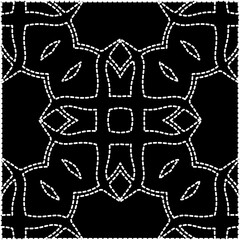 A repeat pattern of white dots on a black background. White mandala.