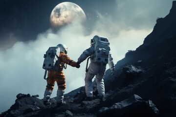 Humanitys ascent two astronauts conquer a mountain in a transcendent moment
