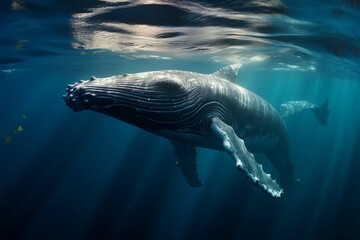 Humpback calf frolics, a watery ballet under the shimmering surface