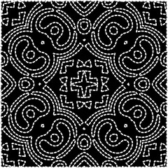 A repeat pattern of white dots on a black background. White mandala.