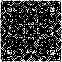 A repeat pattern of white dots on a black background. White mandala.