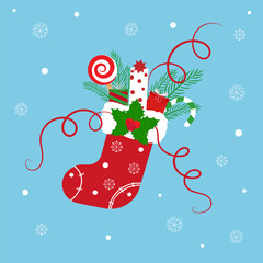 Christmas illustration with cute Holiday sock and holiday symbols - ribbons, candies and snow. Stock vector illustration