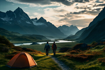 A couple hiking and camping with a tent in the mountains. Sustainable travel concept enjoying nature - obrazy, fototapety, plakaty