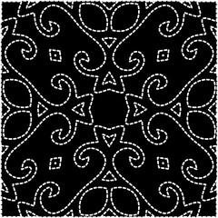 A repeat pattern of white dots on a black background. White mandala.