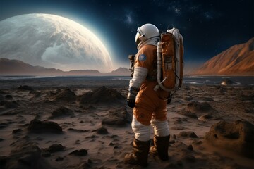 Mission to the unknown astronaut looks around on another planet