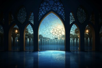 Moonlight bathes Islamic mosques interior in serene, ethereal luminance