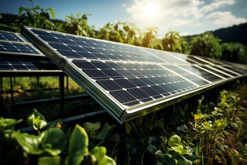 Solar power innovation photovoltaic panel in a verdant, eco friendly setting