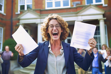 Smiling mature woman victoriously holding a university diploma against the background of the university. Triumphant Street Lawyer