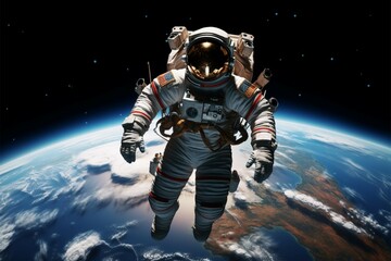 Transformed astronaut soars above Earth, a cosmic guardian in space - obrazy, fototapety, plakaty