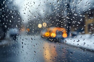 Transformed car window view freezing weather mixes rain and snow - obrazy, fototapety, plakaty