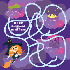 Maze game for children Help the witch get to the cauldron with stars. A Halloween game with a cute character. Worksheet for kindergartens and schools.
