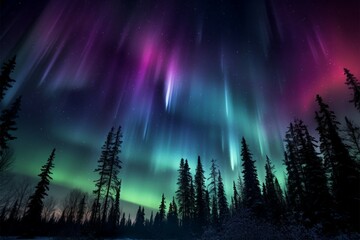 Fototapeta premium Transformed night sky purple and green aurora dances over the trees