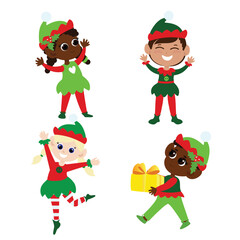 Set Christmas elves. Christmas collection multicultural boys and girls in traditional elf costumes. They dance, smile, bring gifts. Design of Christmas characters.