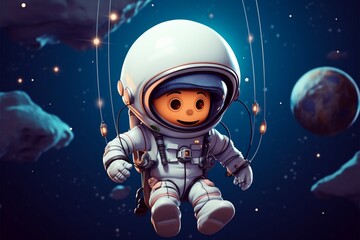 Naklejka premium Uplifting space adventure Cute astronaut with UFO balloon in cartoon